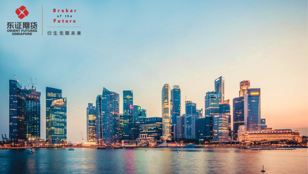 A panoramic view of Singapore’s modern financial district at sunset