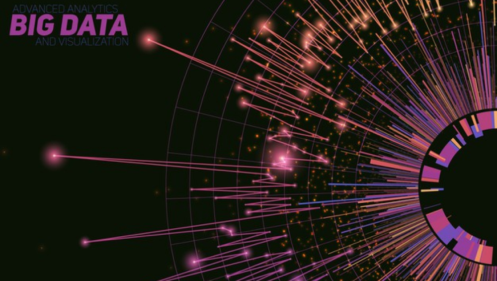 Abstract big data and AI visualization with circular analytics and digital data streams.