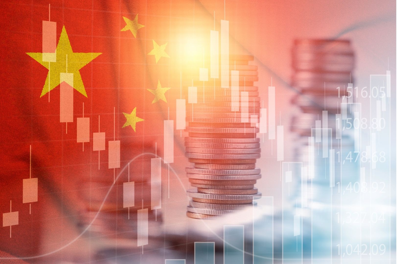 China flag blended with financial graphs and coins symbolising economic growth