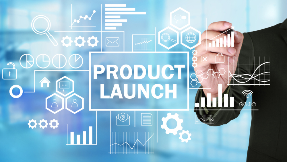 “Product Launch” text with digital business icons and analytics overlays.