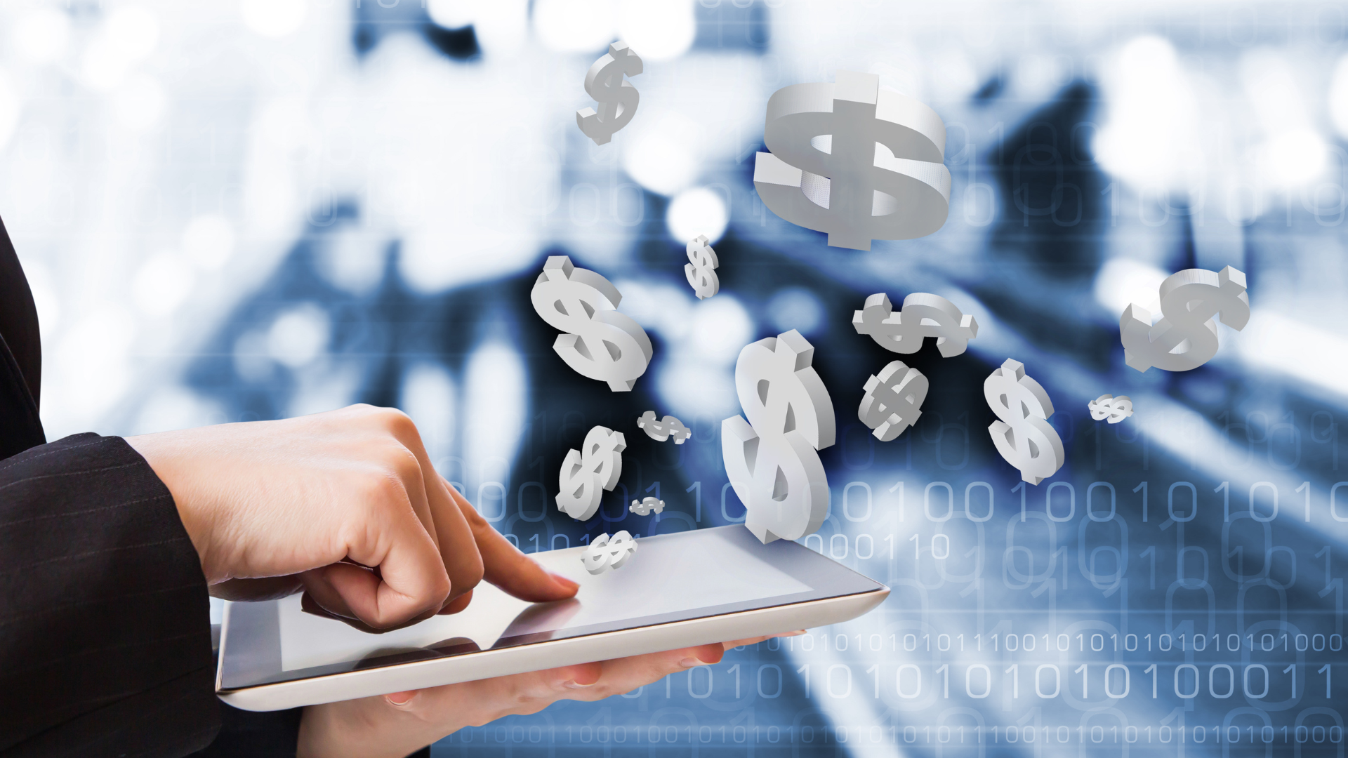 A hand tapping a digital tablet screen with three-dimensional dollar ($) symbols floating above, against a binary code background.