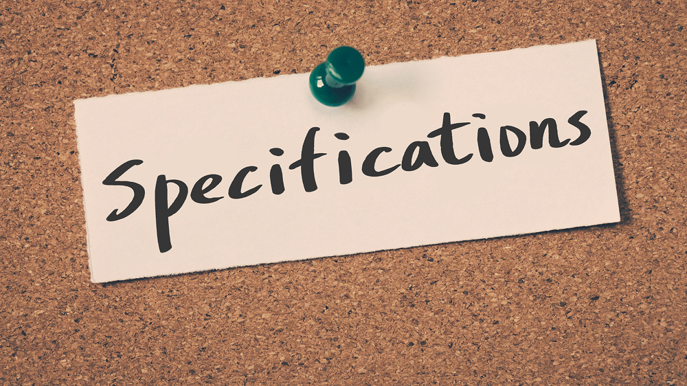 A white note card with the handwritten word "Specifications" in black, pinned to a cork board with a green pushpin.