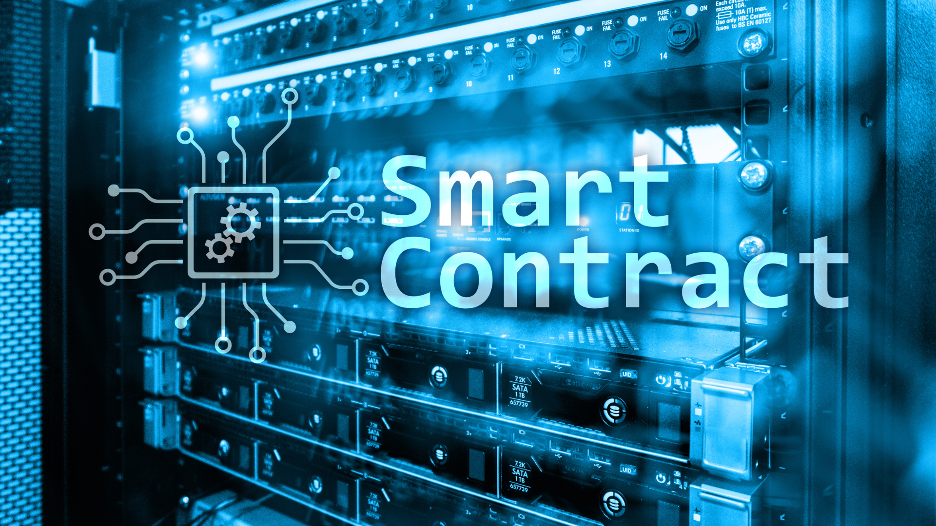 Blue-toned image of server racks with the text "Smart Contract" overlaid, featuring a circuit board icon with gears.