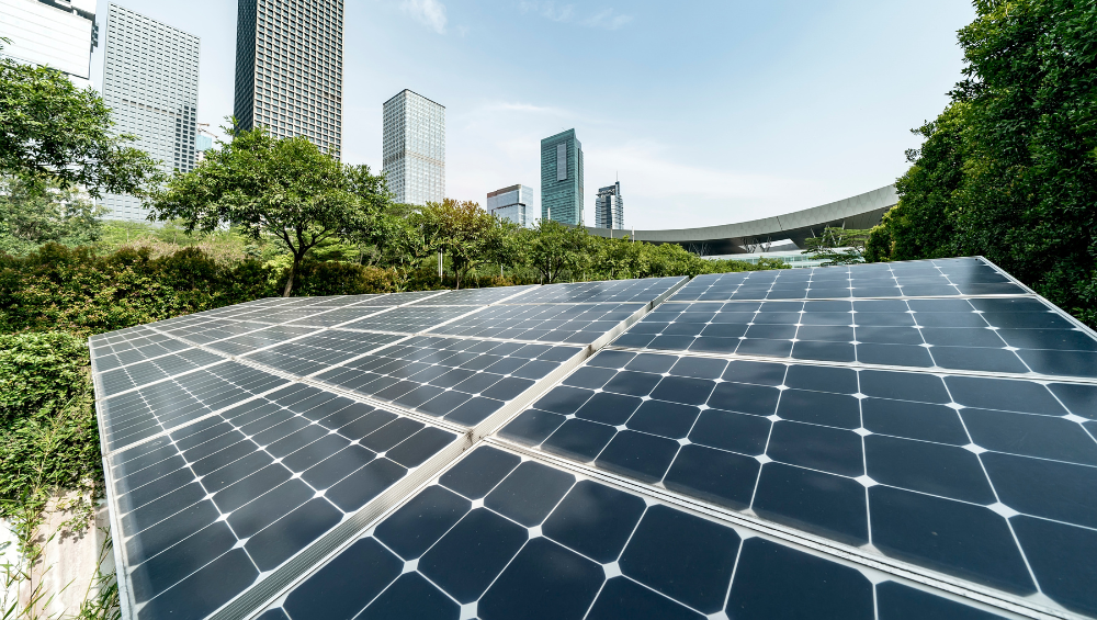 Solar Power Plant in modern city, Sustainable Renewable Energy