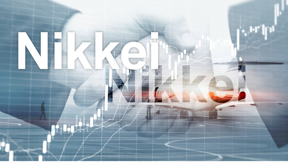 Nikkei stock market graphic with candlestick chart overlay and business imagery