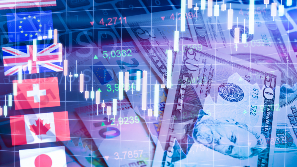 Digital stock market chart and financial numbers overlaid on various currencies (USD, EUR) and international flags (EU, UK, Canada, Japan, Switzerland).