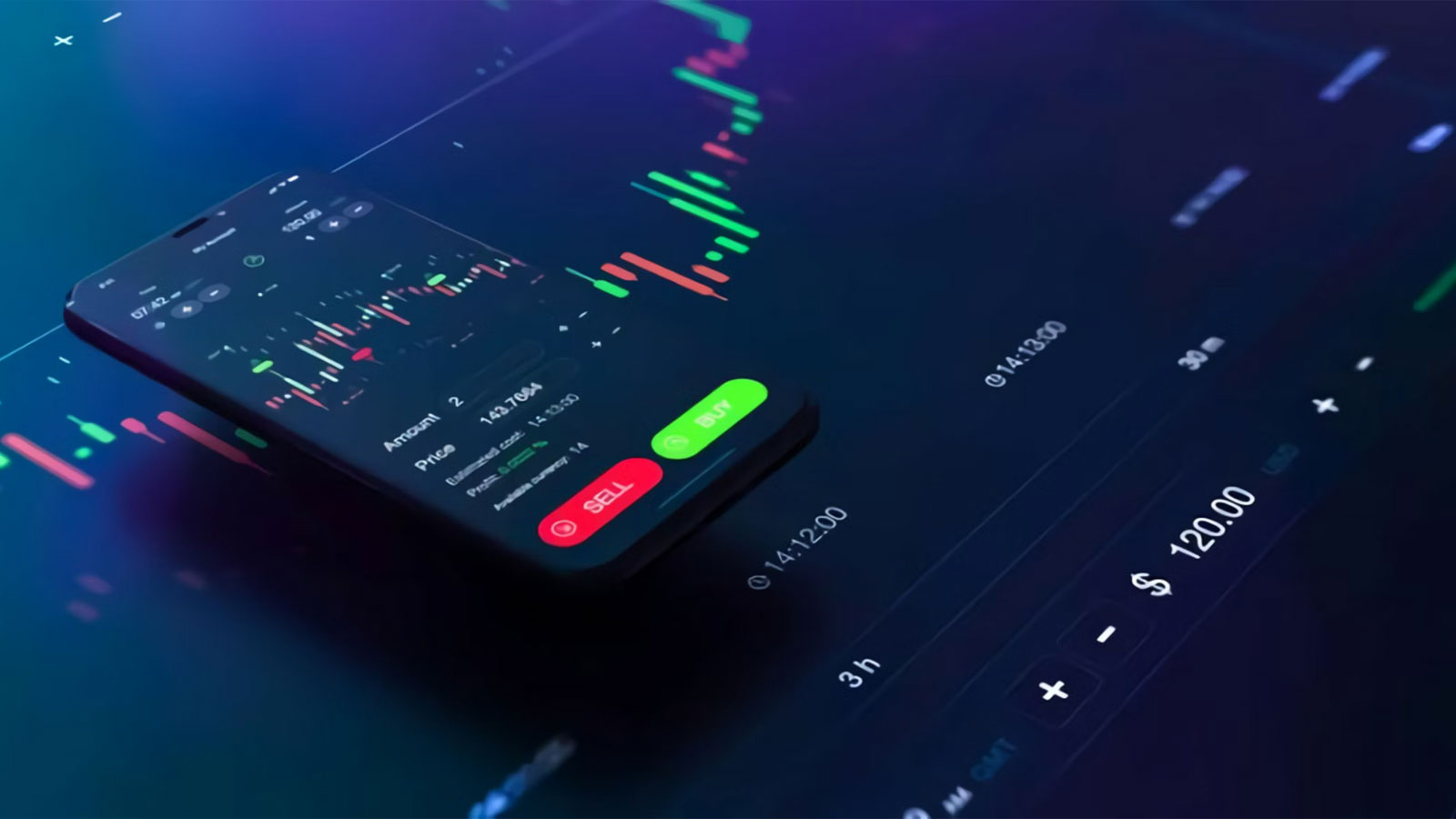 A smartphone displaying a dark mode stock or crypto trading interface with green and red candlestick charts and prominent "SELL" and "BUY" buttons.