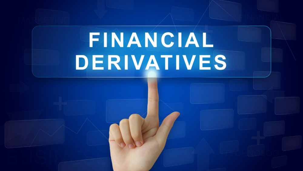 A hand pointing a finger at a glowing blue digital banner displaying the text "FINANCIAL DERIVATIVES.