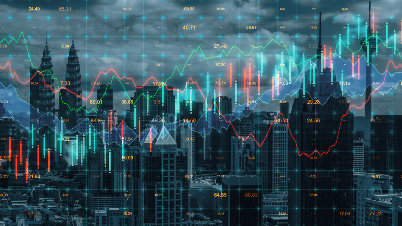 City skyline with overlaid financial charts and market data.