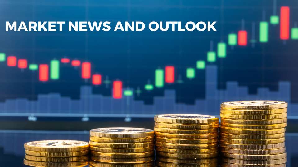 Stacks of gold coins against a stock chart background with text "MARKET NEWS AND OUTLOOK"