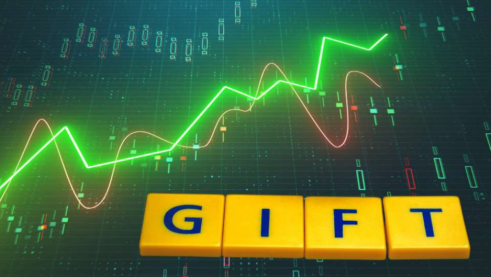 Green rising stock market graph with yellow Scrabble tiles spelling the word GIFT.