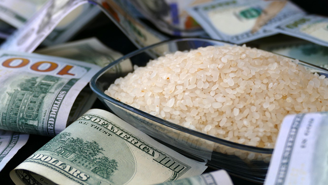 A glass bowl of white rice sitting on top of a pile of United States dollar bills