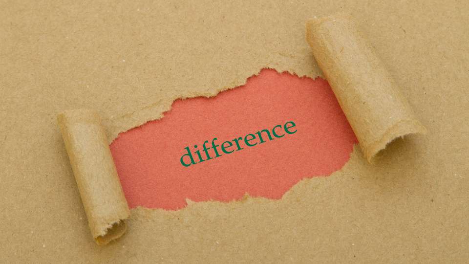 Torn brown kraft paper revealing the word "difference" in green text on a bright reddish-orange background.