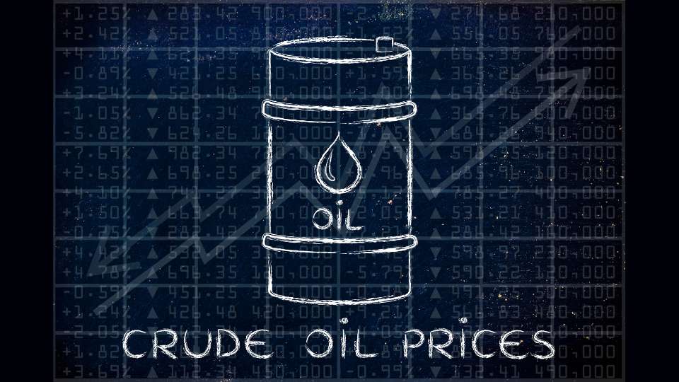 Stylized oil barrel icon with upward trend lines and market data background.