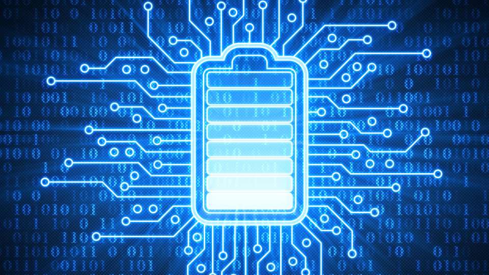 Digital glowing battery icon integrated into a circuit board design.