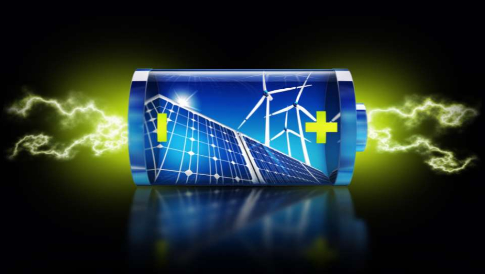 Illustrated battery with solar panels and wind turbines representing renewable energy storage.