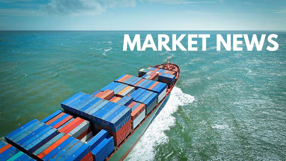 Aerial view of a container ship carrying cargo on the open sea with the text "MARKET NEWS" overlaid.