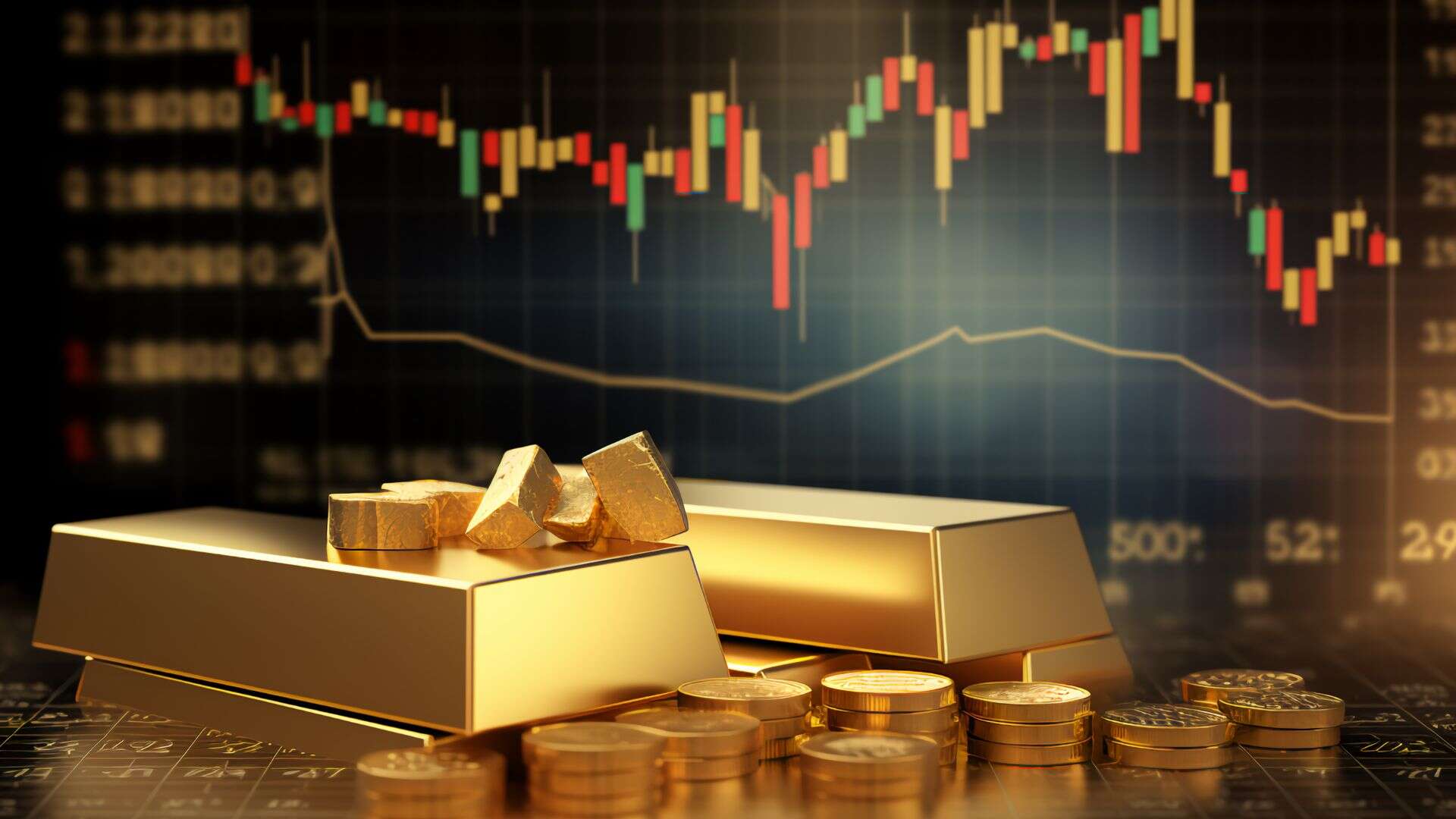 Gold bars and coins placed in front of a financial market chart with candlestick patterns
