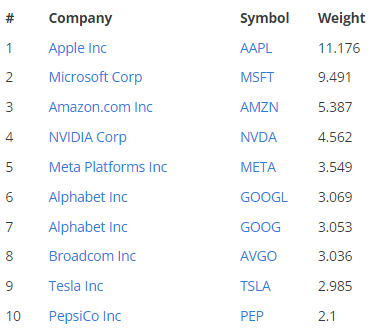 The top 10 companies from the S and P 500 companies list and their weightage to the index, as per 30th August 2023.