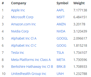 The top 10 companies from the S and P 500 companies list and their weightage to the index, as per 30th August 2023.