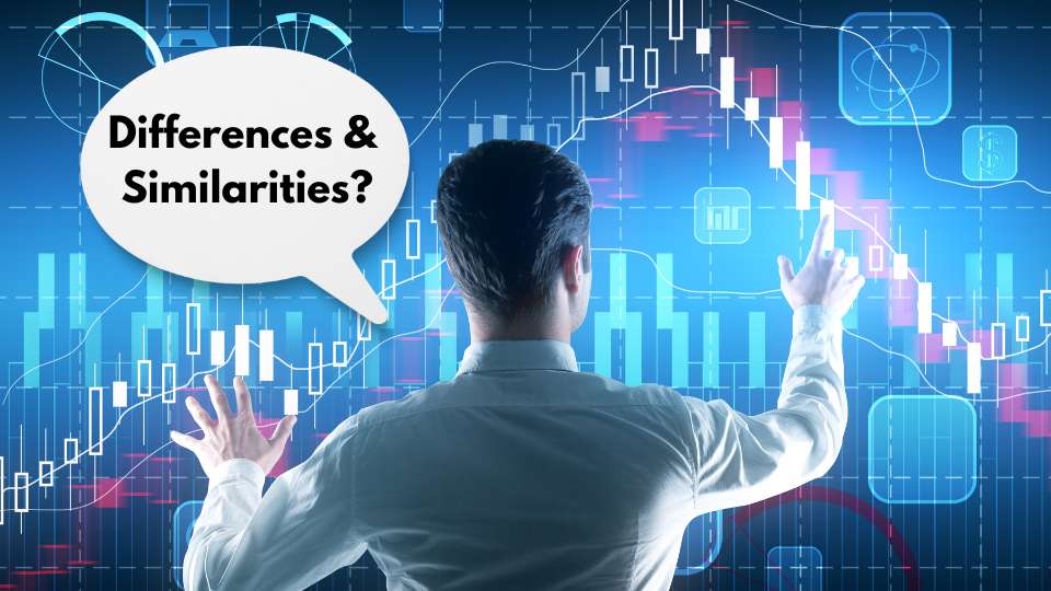 Person analyzing digital stock charts with a speech bubble asking about differences and similarities.