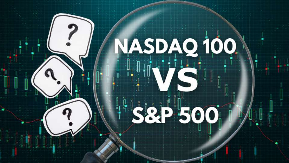 Magnifying glass highlighting “NASDAQ 100 vs S&P 500” over a digital stock chart background.