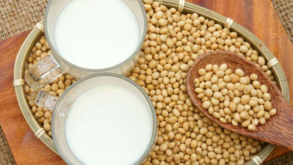 Two clear glasses of soy milk sitting on a bed of soybeans spread across a woven wooden tray, next to a spoonful of beans.