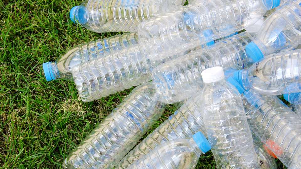 A pile of discarded clear plastic water and soda bottles lying on a bright green lawn or grass.