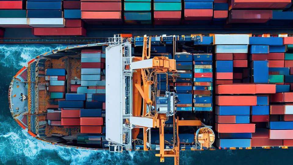Aerial view of container ship loaded with multicolored containers.