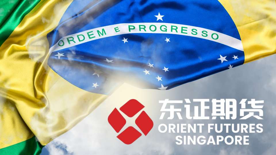 Montage showing the Brazilian flag overlaid with the logo and name of "Orient Futures Singapore" in English and Chinese text.