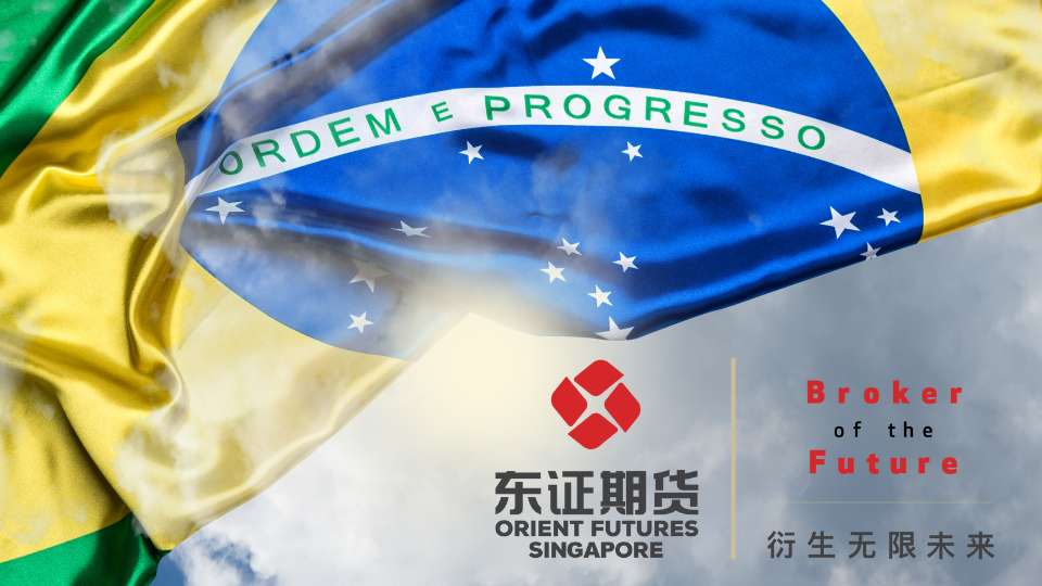 Close-up of the Brazilian flag with Orient Futures Singapore branding and the phrase “Broker of the Future.”