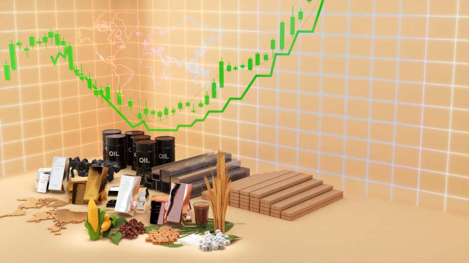 Commodity market collage with oil, metals, and agricultural goods.