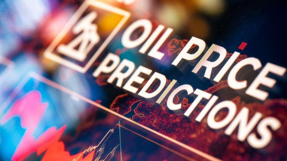 “Oil price predictions graphic with market charts and energy icon