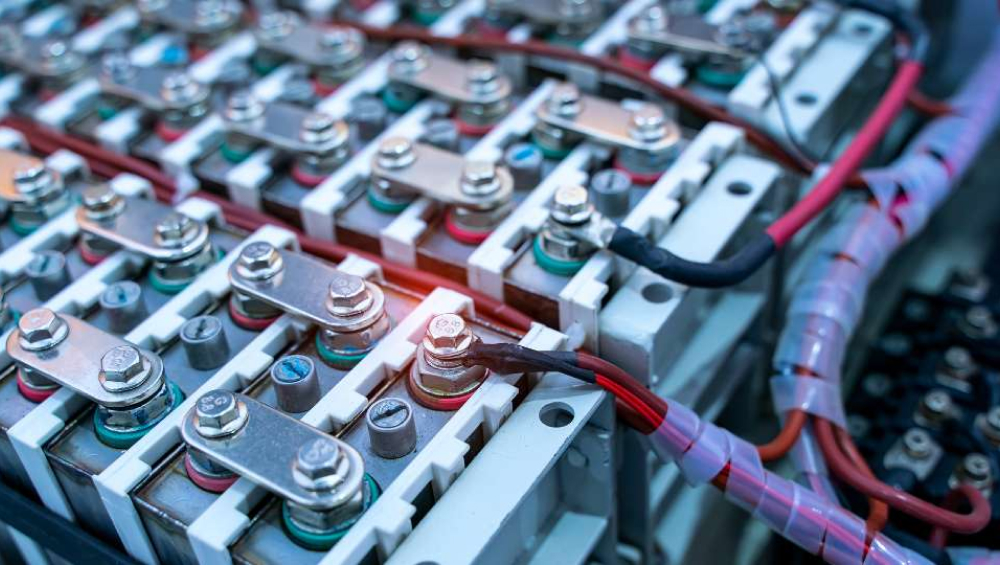 Close-up of lithium battery cells with wiring.