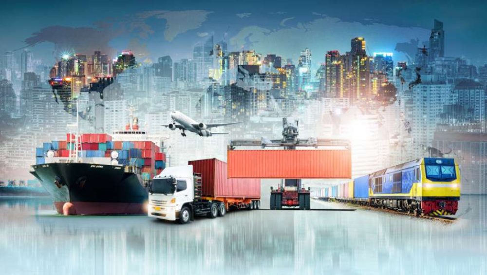 Global logistics with ship, truck, plane, and train.