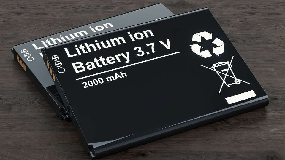 Close-up of lithium-ion 3.7V mobile batteries placed on a wooden surface.