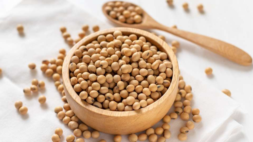 A wooden bowl filled with soybeans, with additional soybeans scattered on a white surface.