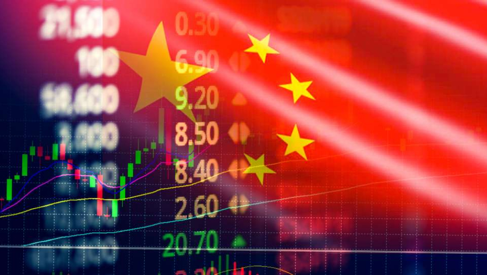 Flag of China overlaid with digital stock market charts and financial data.