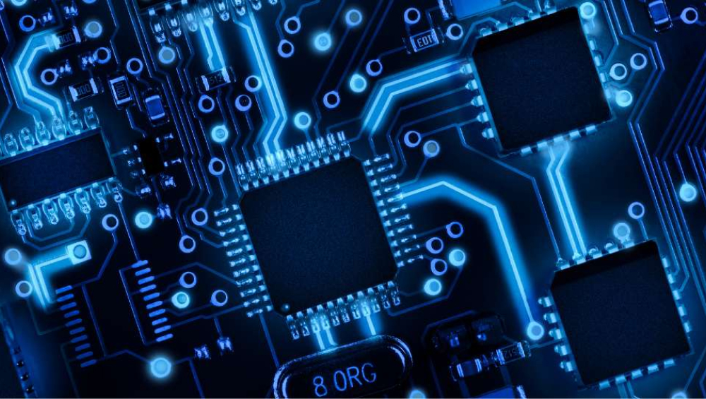 Close-up of a glowing blue computer microchip and circuit board technology background.
