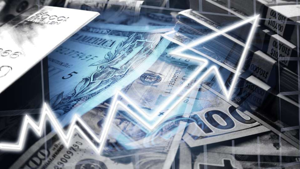 Rising financial growth concept with US dollar bills, silver bars, and an upward arrow chart.