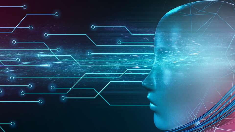 Silhouette of a human head connected to glowing blue circuit lines, representing Artificial Intelligence and machine learning.