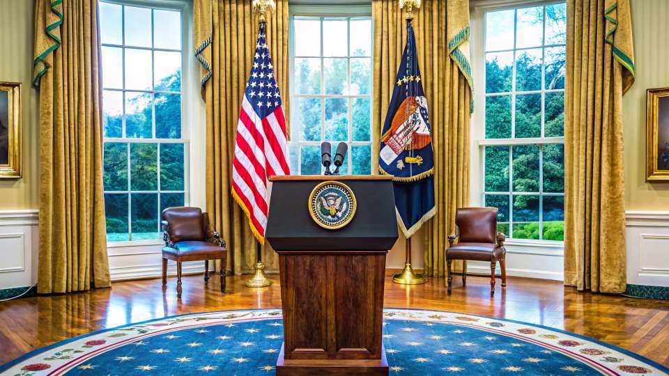 Interior view of the White House Oval Office or similar diplomatic room with a podium, US flag, and Seal of the President.