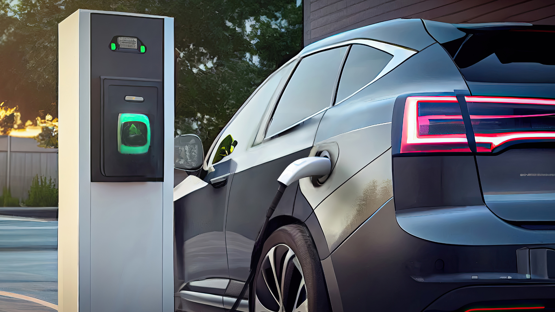 A modern electric SUV plugged into a public EV charging station outdoors.