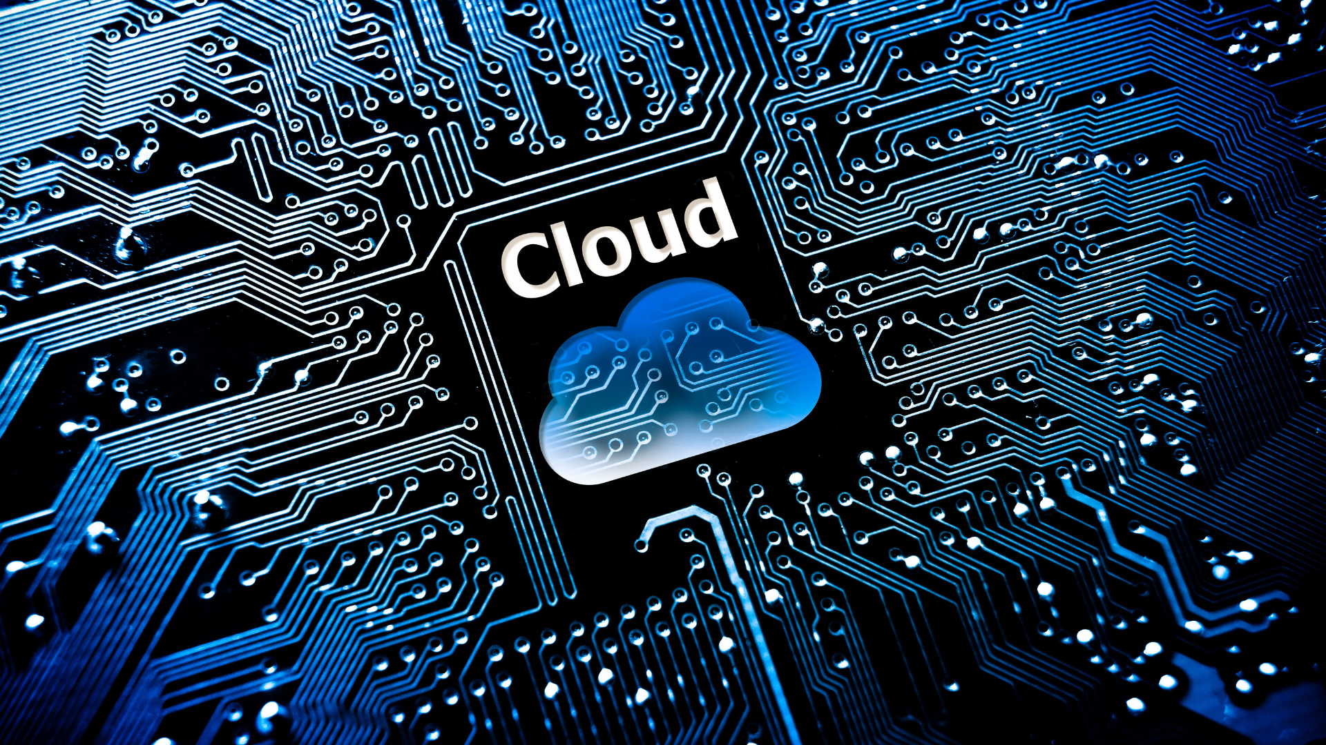 Circuit board with a glowing blue cloud symbol and the word "Cloud"