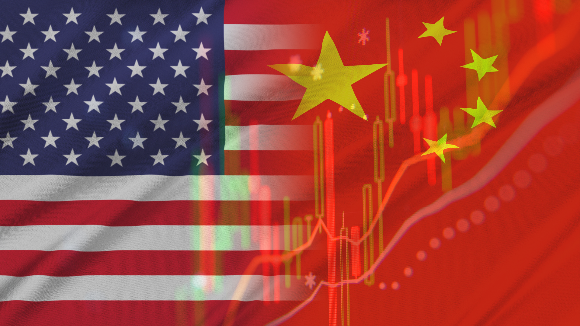 Composite image of US and China flags overlaid with financial candlestick charts and data.