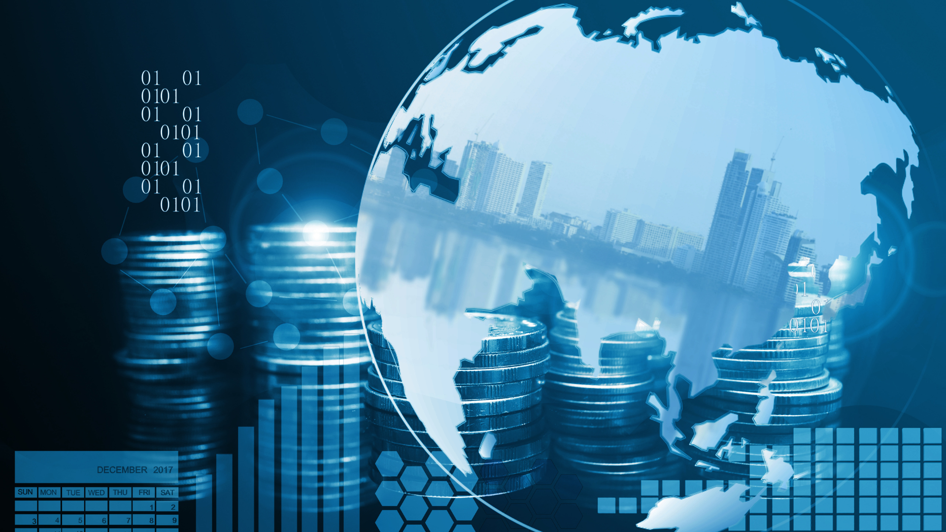 Global finance and digital economy concept with stacked coins, binary code, and world map overlay.