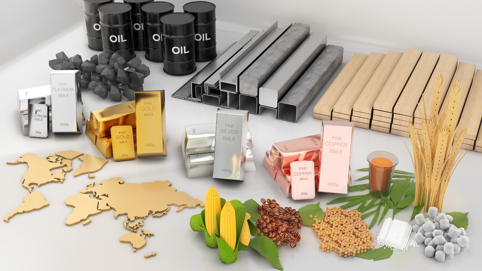 Various global commodities including oil, gold, metals, and agricultural products
