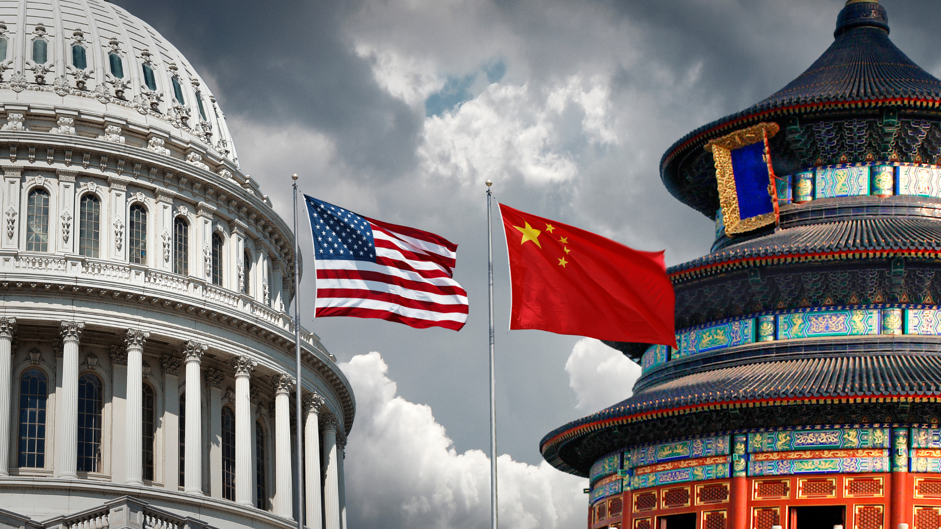U.S. Capitol and China’s Temple of Heaven with American and Chinese flags under cloudy sky.