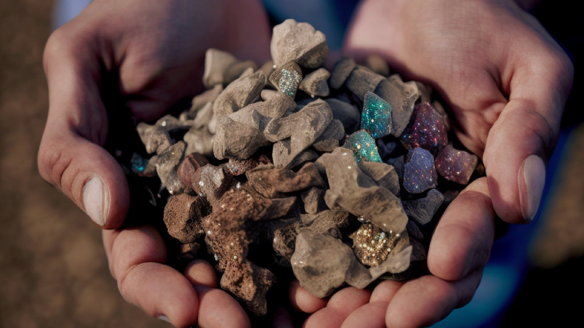 Two hands cupping rough, ordinary stones mixed with pieces of brightly colored, glittery artificial gems.
