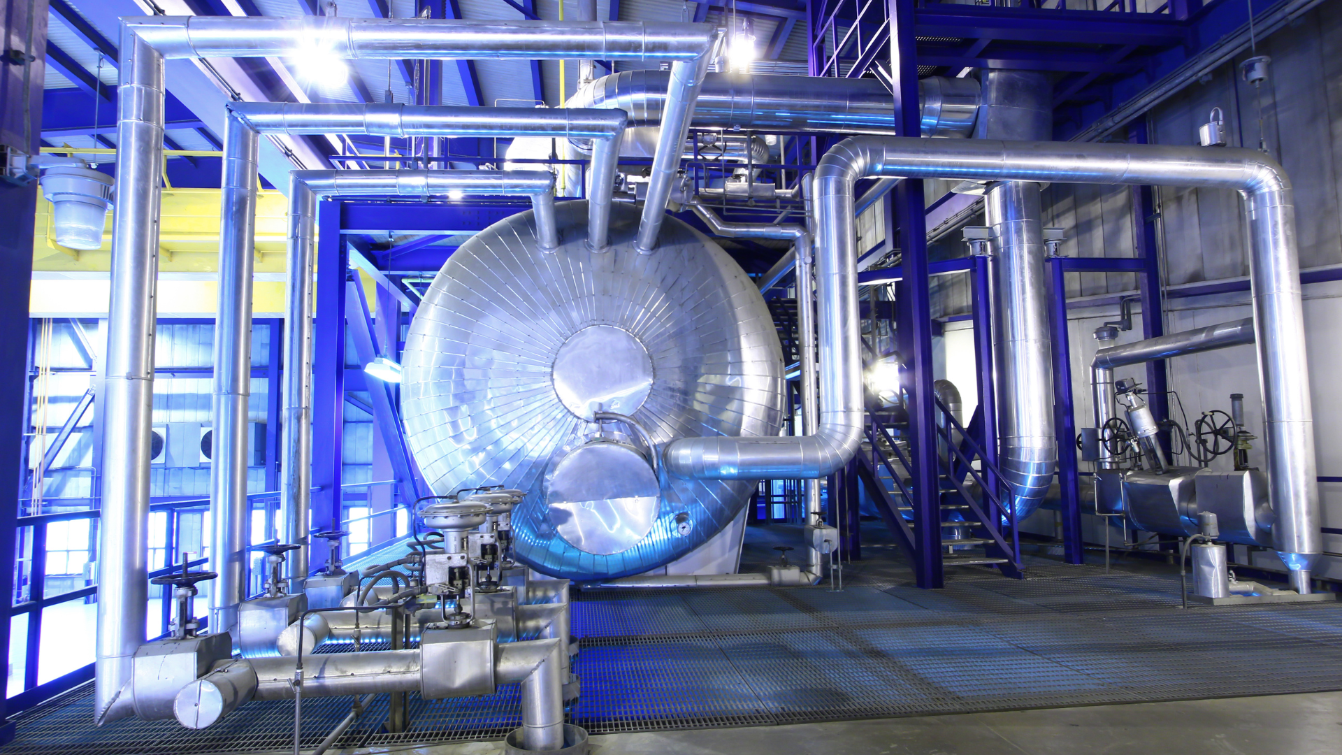 Industrial boiler room with stainless steel tanks, pipes, and valves illuminated by blue lighting.